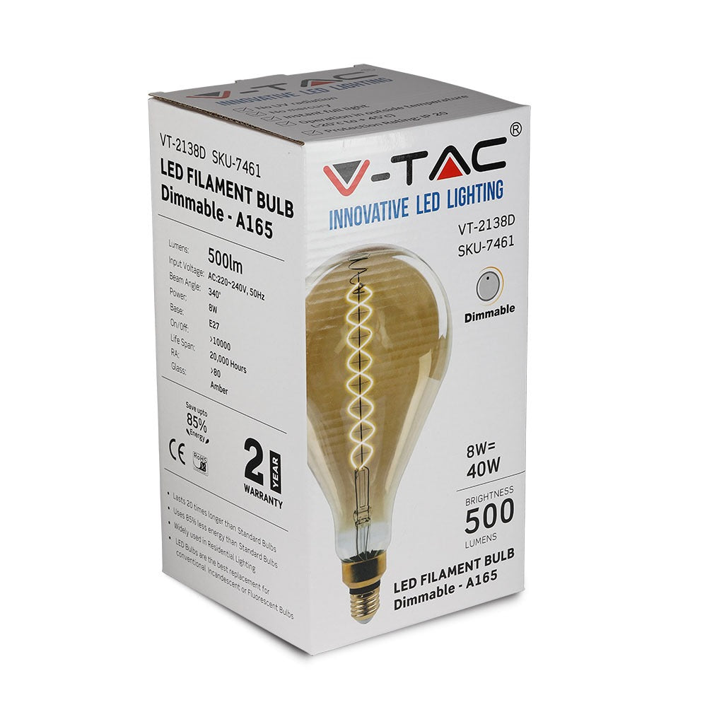 8W A165 Żarówka LED Filament / Barwa:2000K / Ściemniana / Trzonek:E27