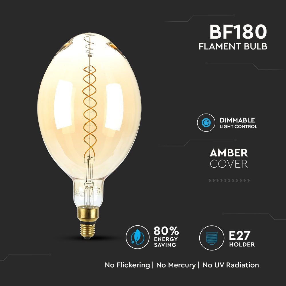 8W Żarówka dekoracyjna LED BF180 / Klosz: Bursztynowy / Barwa:2000K / Ściemniana / Trzonek:E27
