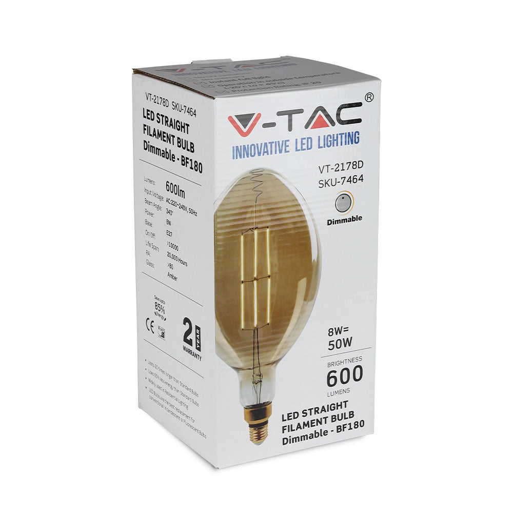 8W Żarówka dekoracyjna LED BF180 / Klosz: Bursztynowy / Barwa:2000K / Ściemniana / Trzonek:E27