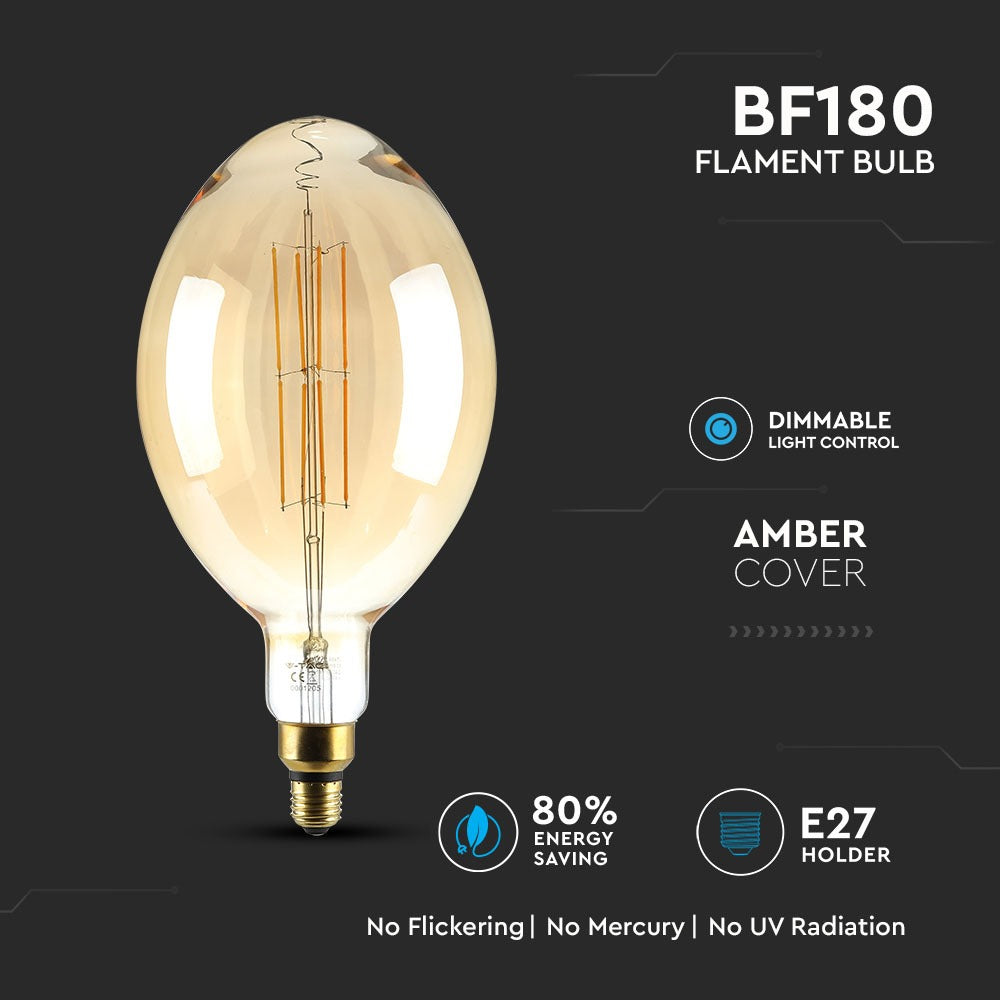 8W Żarówka dekoracyjna LED BF180 / Klosz: Bursztynowy / Barwa:2000K / Ściemniana / Trzonek:E27