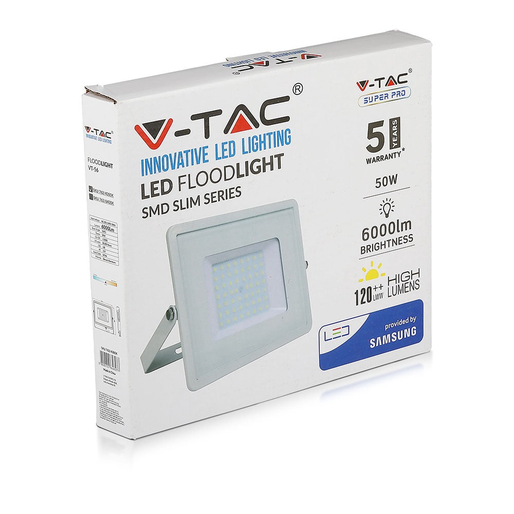 50W Naświetlacz LED SMD / Chip SAMSUNG / Barwa:6400K / Obudowa: Biała / Wydajność: 120lm/w