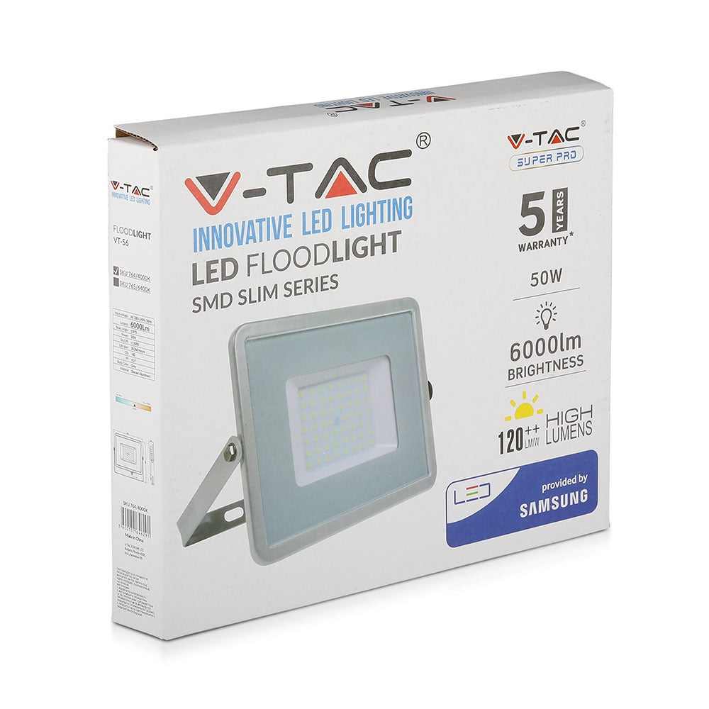 50W Naświetlacz LED SMD / Chip SAMSUNG / Barwa:6400K / Obudowa: Szara / Wydajność: 120lm/w