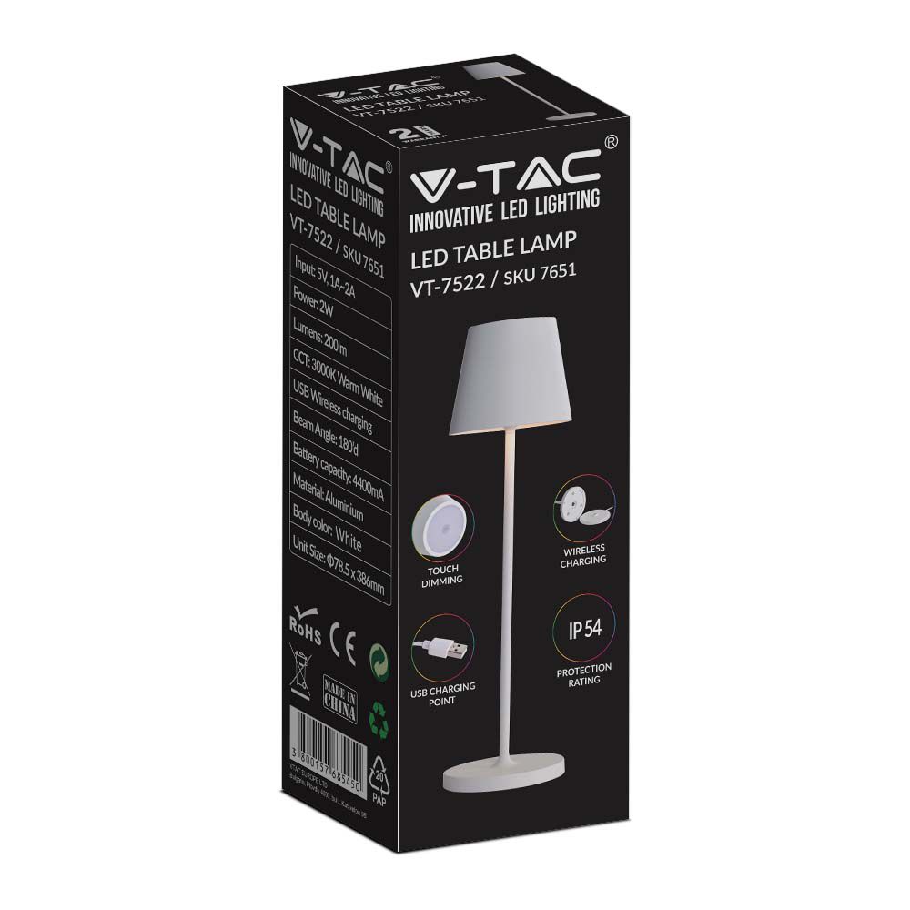 2W Lampka nocna LED zasilana bateryjnie / Ściemnianie przez dotyk / Barwa: 3000K / Obudowa: Biała