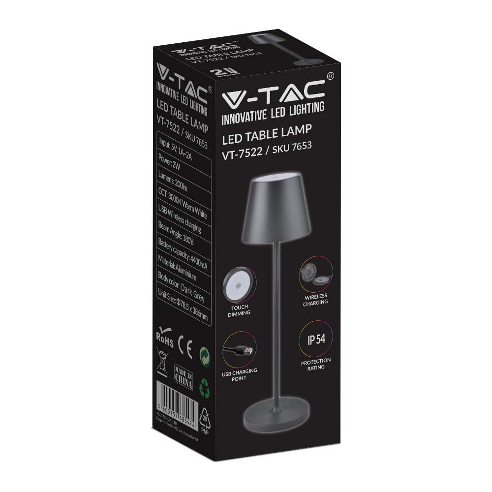 2W Lampka nocna LED zasilana bateryjnie / Ściemnianie przez dotyk / Barwa: 3000K / Obudowa: Czarna