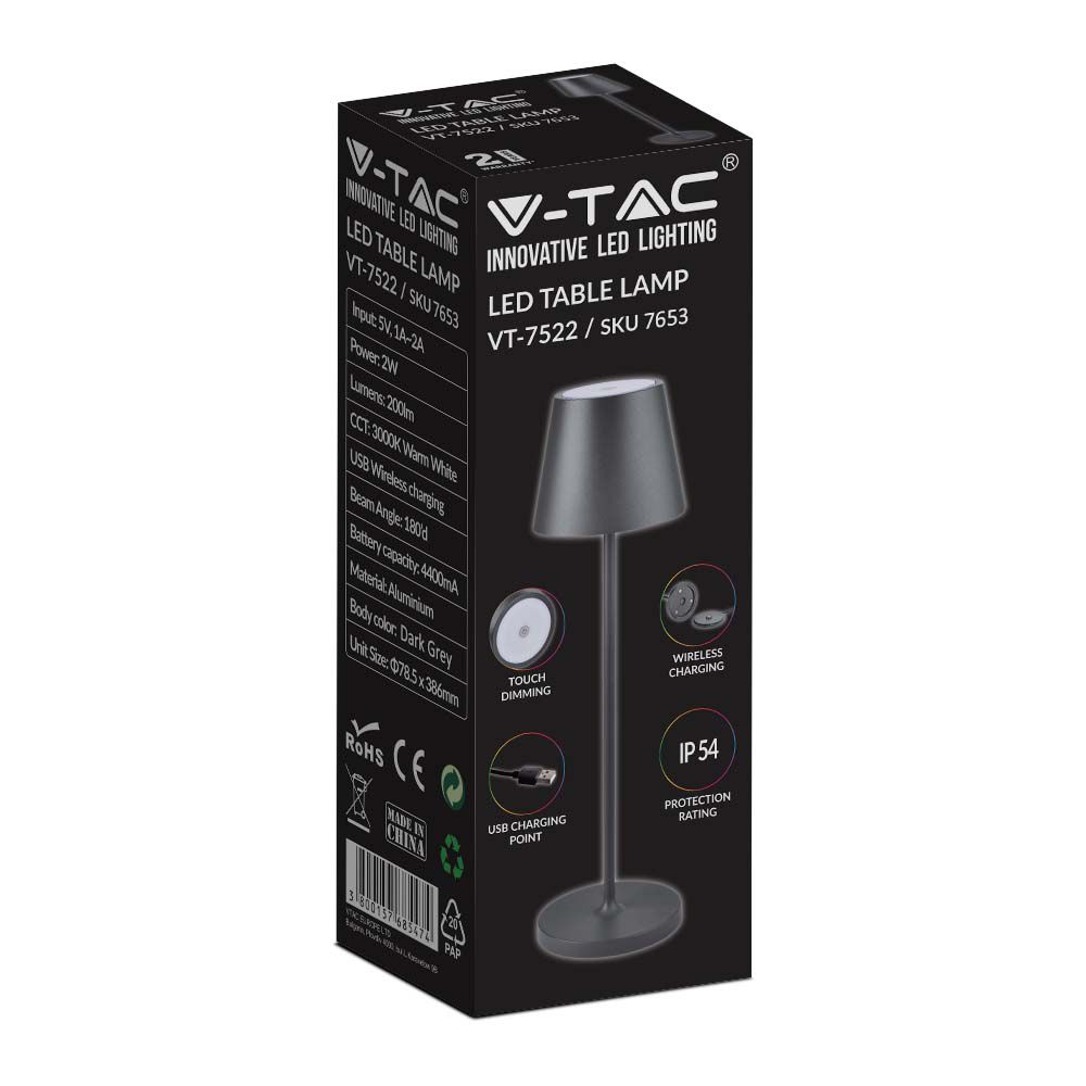 2W Lampka nocna LED zasilana bateryjnie / Ściemnianie przez dotyk / Barwa: 3000K / Obudowa: Szara