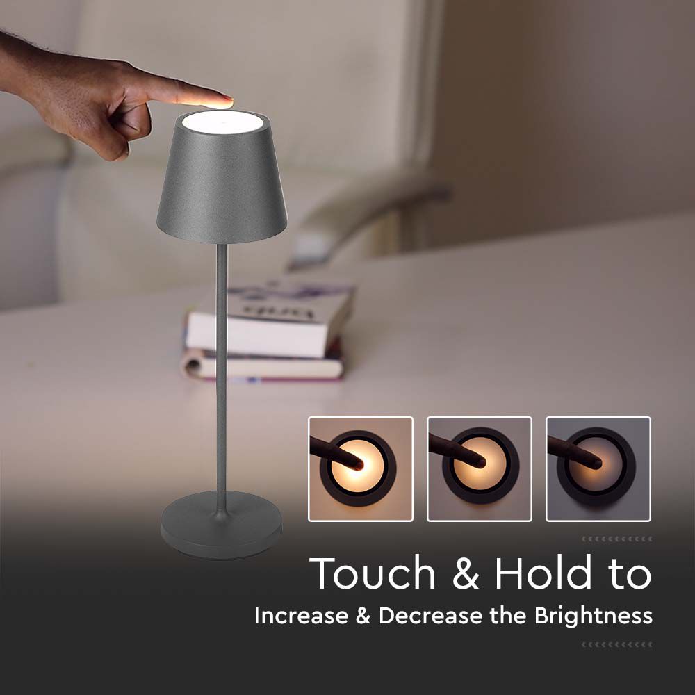 2W Lampka nocna LED zasilana bateryjnie / Ściemnianie przez dotyk / Barwa: 3000K / Obudowa: Szara