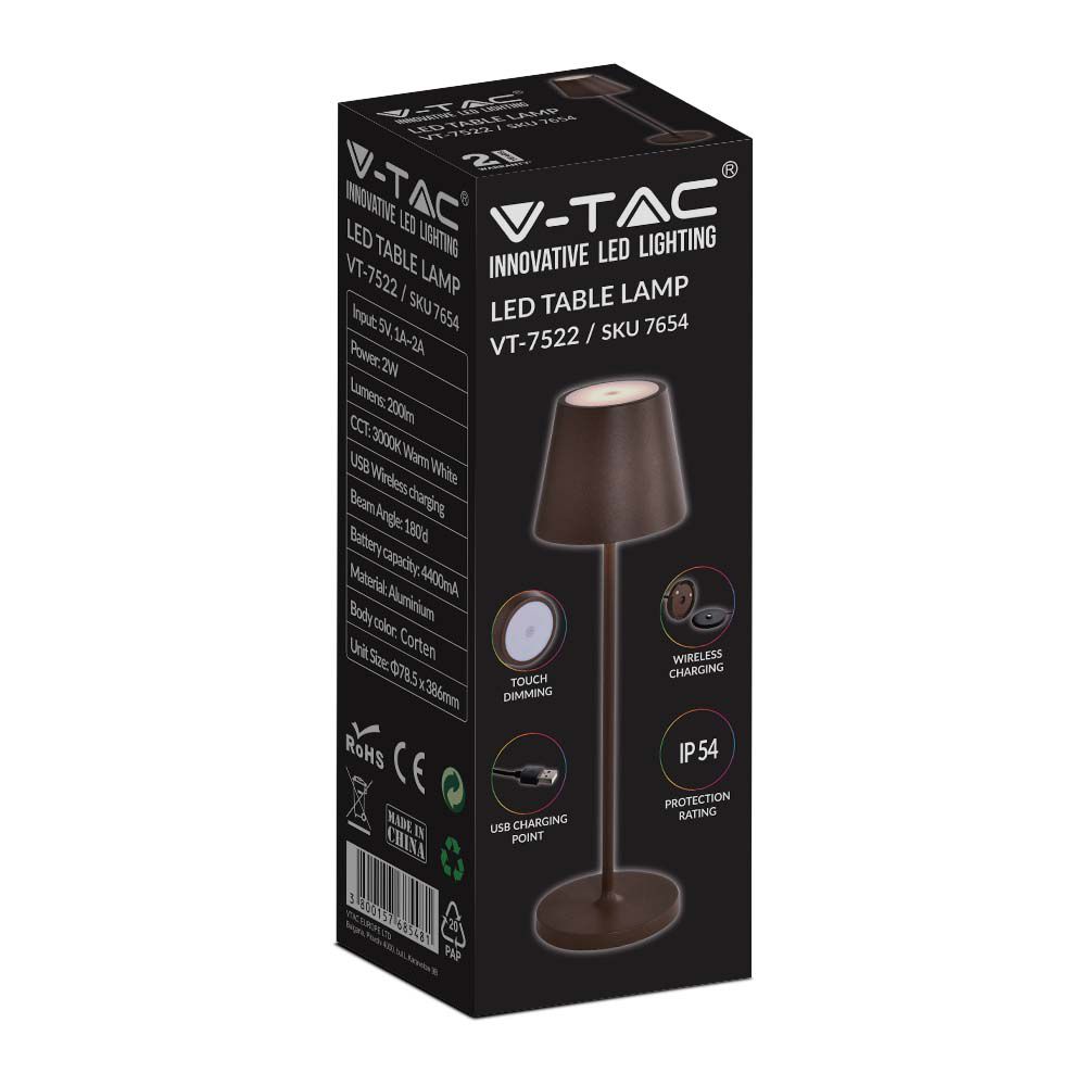 2W Lampka nocna LED zasilana bateryjnie / Ściemnianie przez dotyk / Barwa: 3000K / Obudowa: Brązowy
