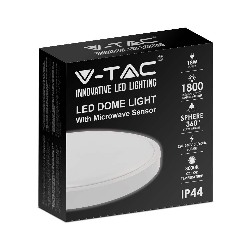 18W Plafon LED z mikrofalowym czujnikiem ruchu / Średnica: 225mm / Barwa:3000K / Klosz: Okrągły mleczny biała ramka / IP44