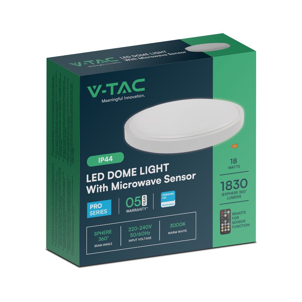 18W Plafon LED z mikrofalowym czujnikiem ruchu / SAMSUNG / Średnica: 225mm / Barwa:6500K / Klosz: Okrągły mleczny biała ramka / IP44