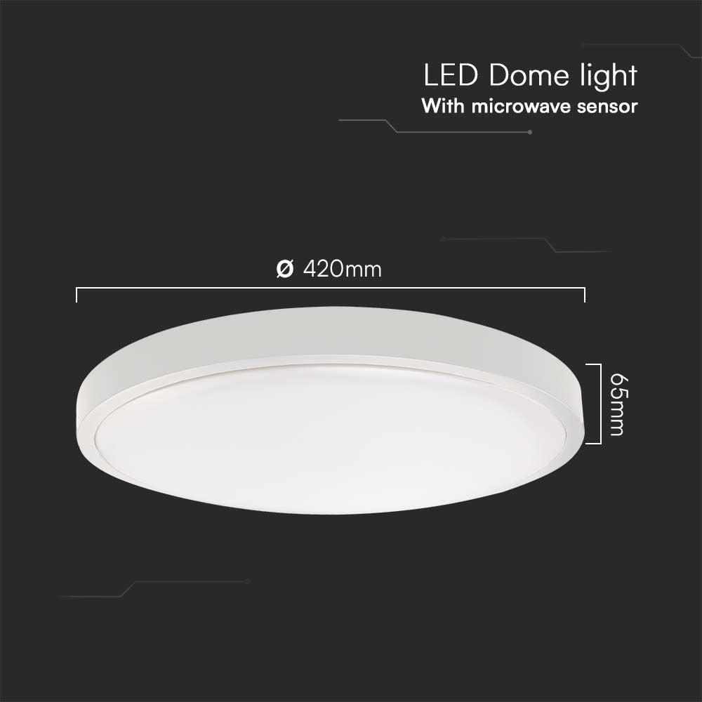36W Plafon LED z mikrofalowym czujnikiem ruchu / Średnica: 350mm / Barwa:4000K / Klosz: Okrągły mleczny biała ramka / IP44