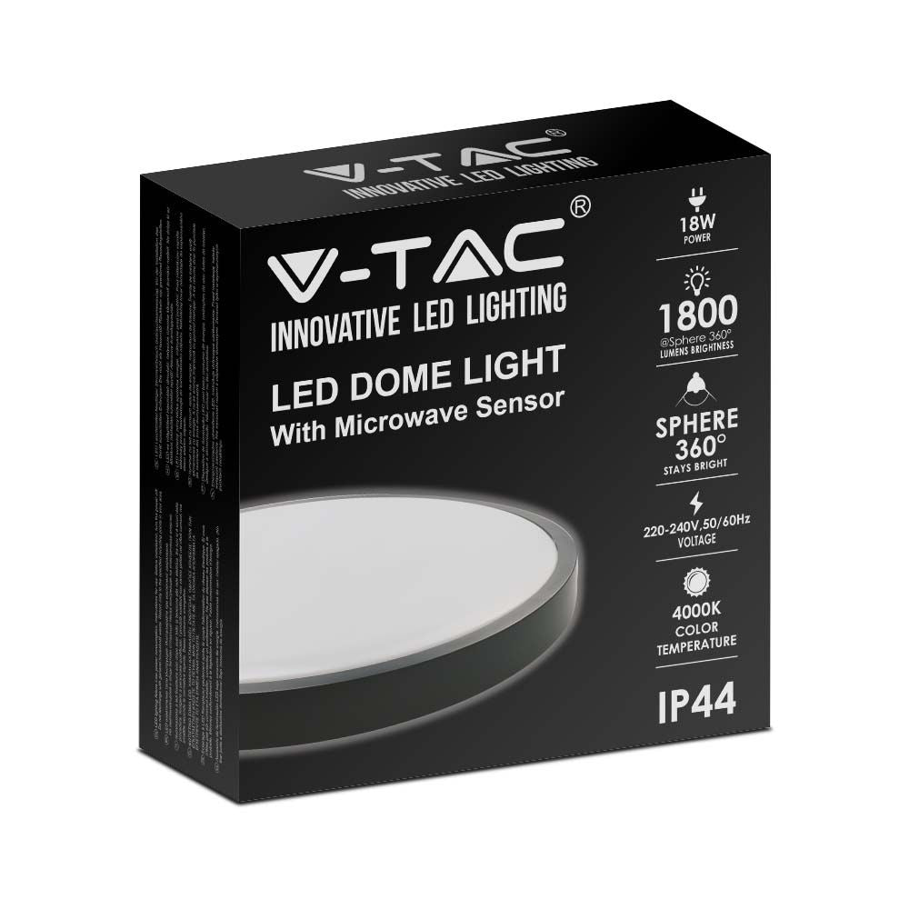 18W Plafon LED z mikrofalowym czujnikiem ruchu / Średnica: 225mm / Barwa:4000K / Klosz: Okrągły mleczny czarna ramka / IP44