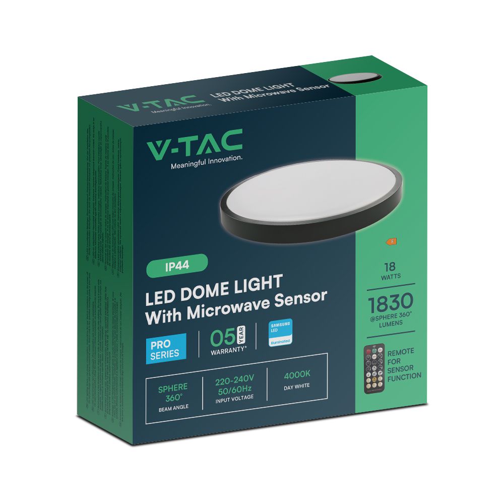 18W Plafon LED z mikrofalowym czujnikiem ruchu / SAMSUNG / Średnica: 225mm / Barwa:4000K / Klosz: Okrągły mleczny czarna ramka / IP44