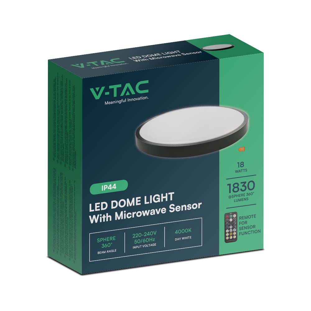 18W Plafon LED z mikrofalowym czujnikiem ruchu / Średnica: 225mm / Barwa:4000K / Klosz: Okrągły mleczny czarna ramka / IP44