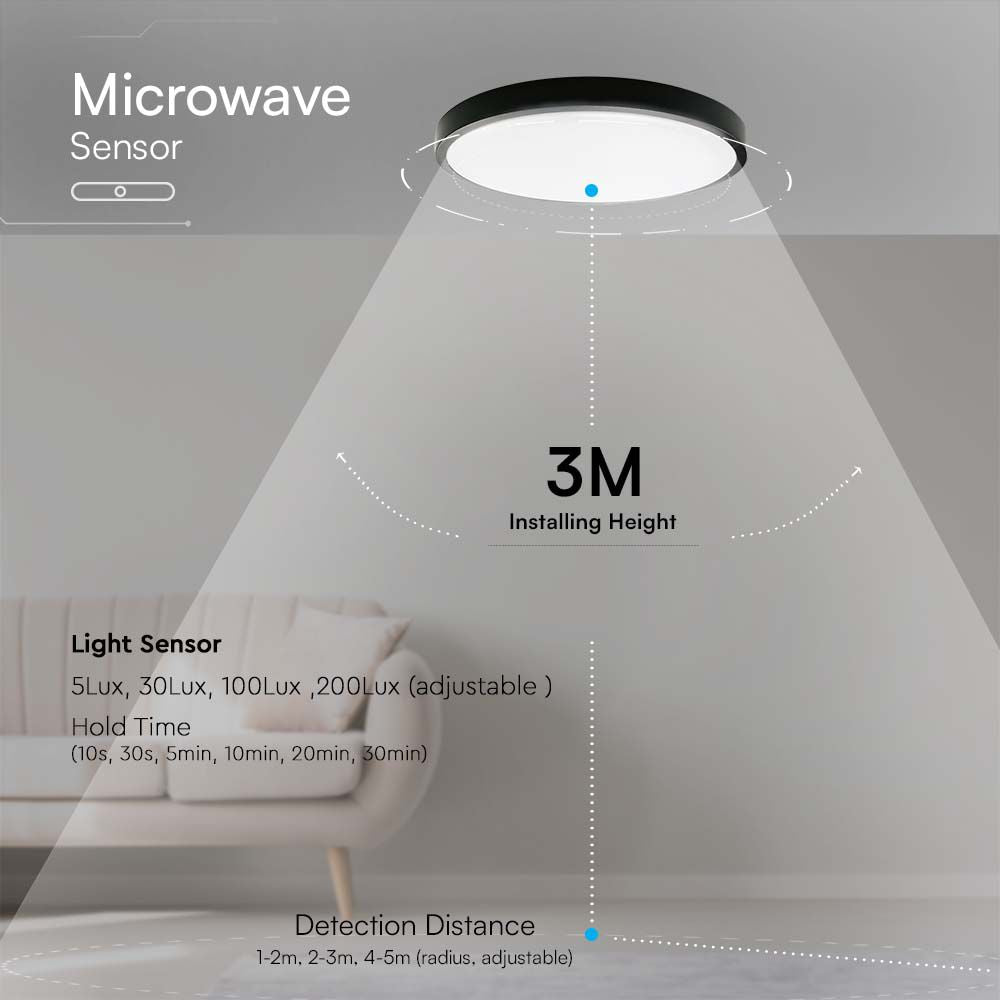 18W Plafon LED z mikrofalowym czujnikiem ruchu / Średnica: 225mm / Barwa:4000K / Klosz: Okrągły mleczny czarna ramka / IP44