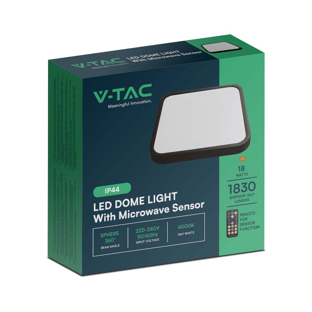 18W Plafon LED z mikrofalowym czujnikiem ruchu / Średnica: 225mm / Barwa:4000K / Klosz: Kwadratowy mleczny czarna ramka / IP44
