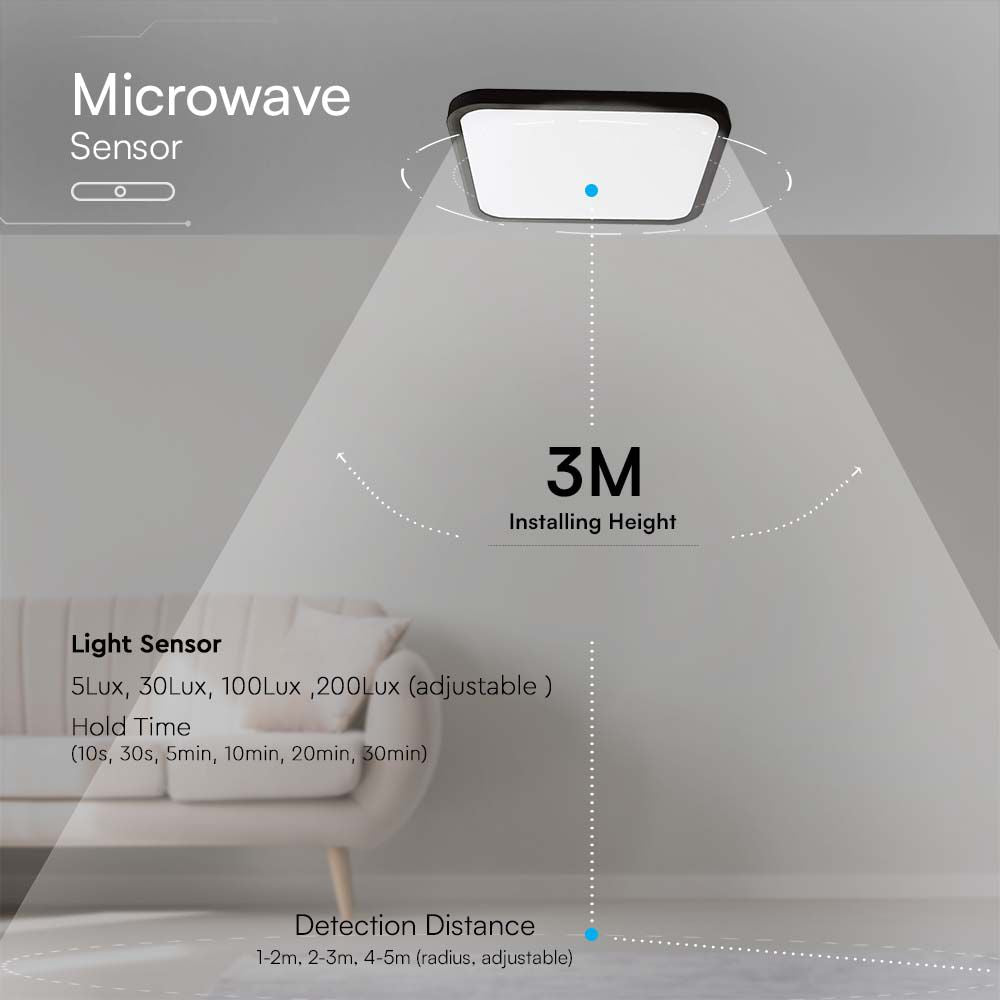 18W Plafon LED z mikrofalowym czujnikiem ruchu / Średnica: 225mm / Barwa:4000K / Klosz: Kwadratowy mleczny czarna ramka / IP44