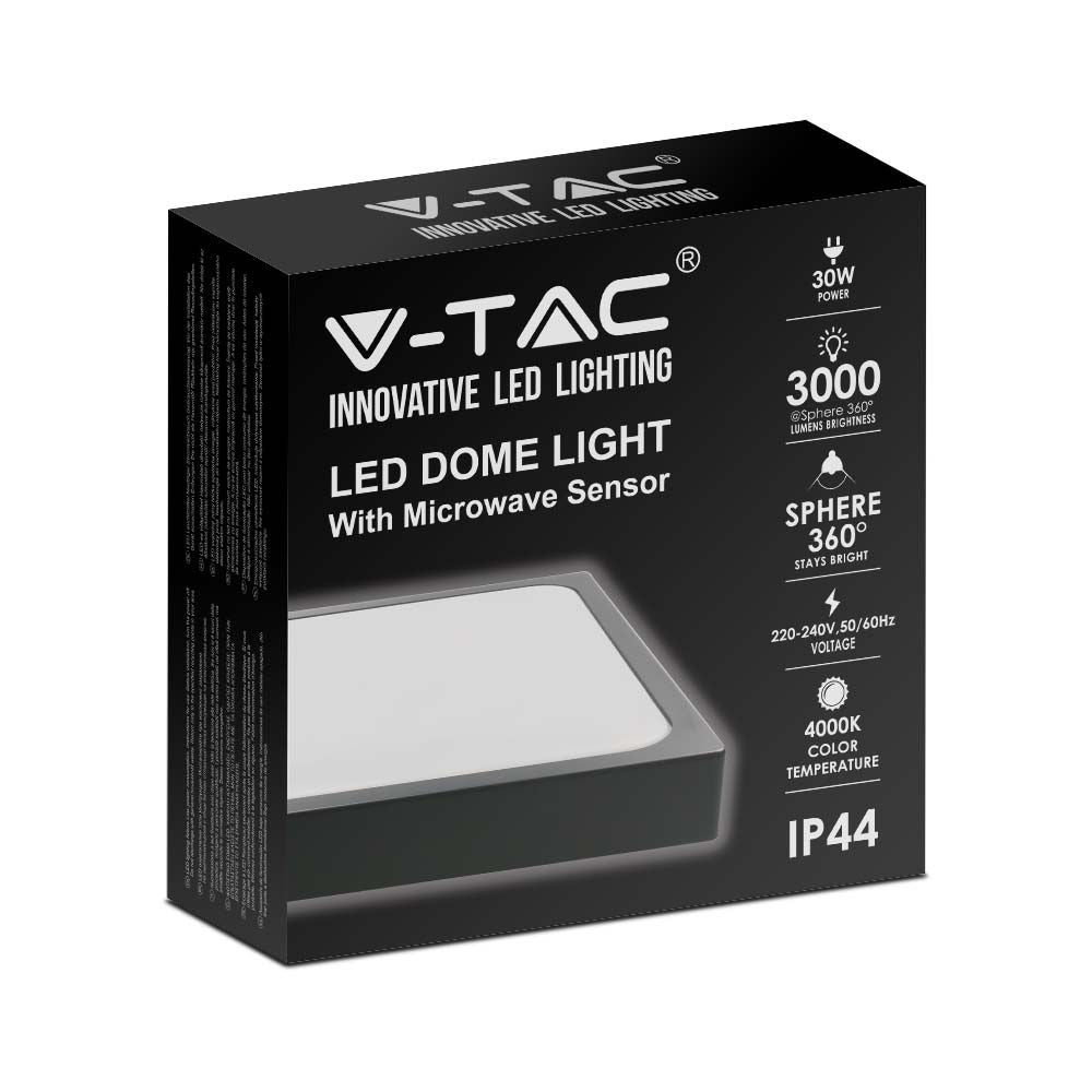 30W Plafon LED z mikrofalowym czujnikiem ruchu / Średnica: 420mm / Barwa:4000K / Klosz: Kwadratowy mleczny czarna ramka / IP44