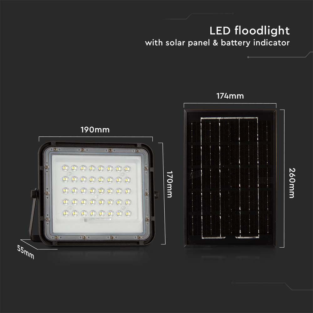 6W Solarny naświetlacz LED z czujnikiem zmierzchu / Panel z przewodem: 3m / Pilot / Bateria 5000mAh/ Barwa:6400K / Obudowa: Czarna