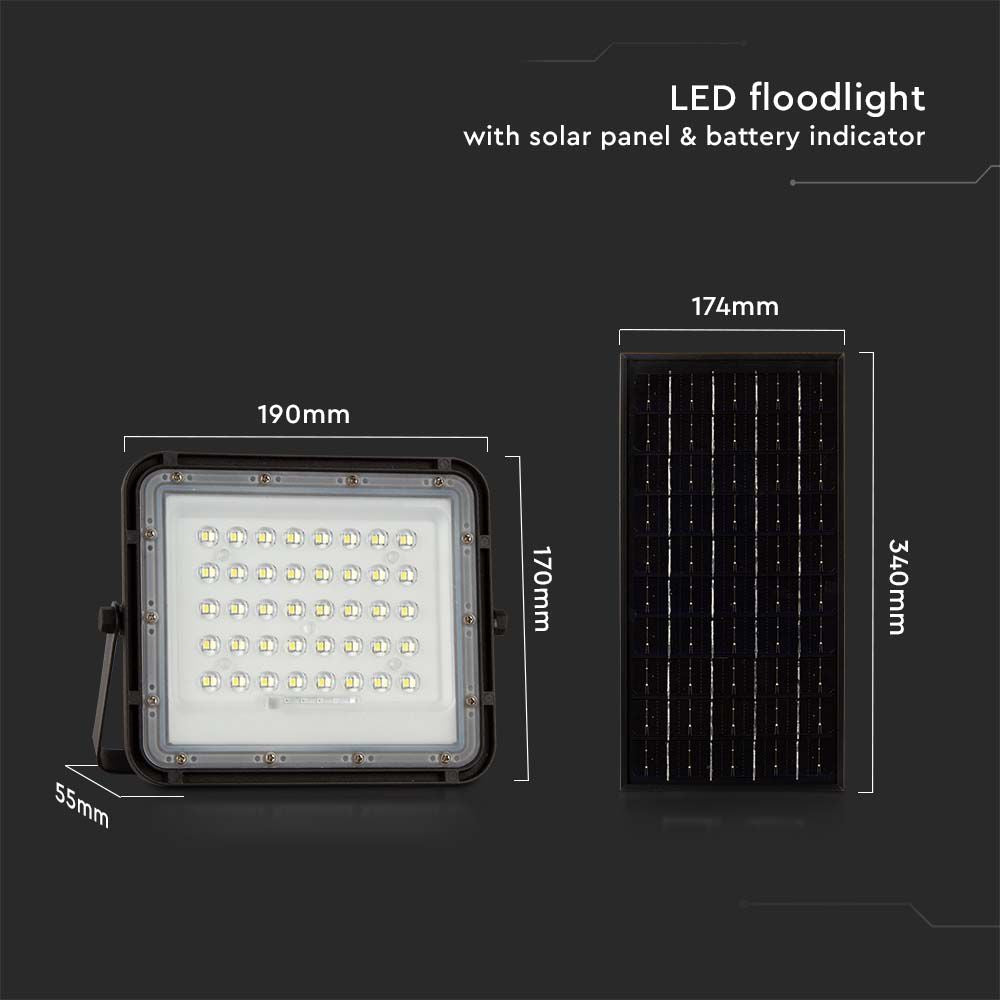 10W Solarny naświetlacz LED z czujnikiem zmierzchu / Panel z przewodem: 3m / Pilot / Bateria 6000mAh/ Barwa:6400K / Obudowa: Czarna