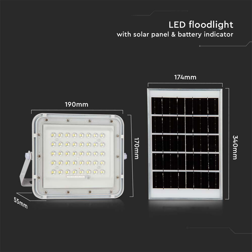 10W Solarny naświetlacz LED z czujnikiem zmierzchu / Panel z przewodem: 3m / Pilot / Bateria 6000mAh/ Barwa:6400K / Obudowa: Biała