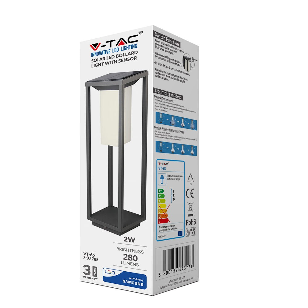 2W Lampa ogrodowa LED solarna / Chip SAMSUNG / Barwa:3000K / Obudowa: Szara