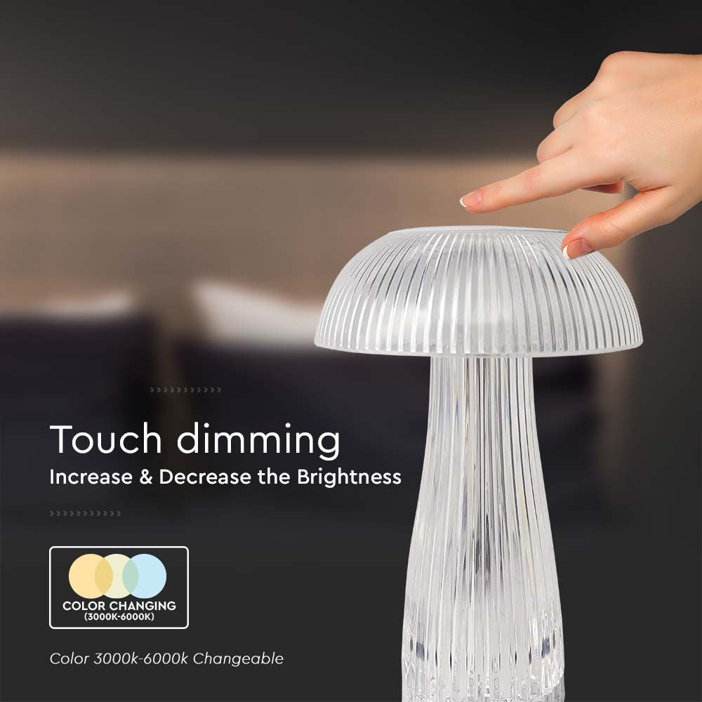 Lampka nocna LED zasilana bateryjnie / Wysokość:25cm / Bateria 1800mAh / Ściemnianie przez dotyk / Barwa:3w1 / Obudowa: Transparentna