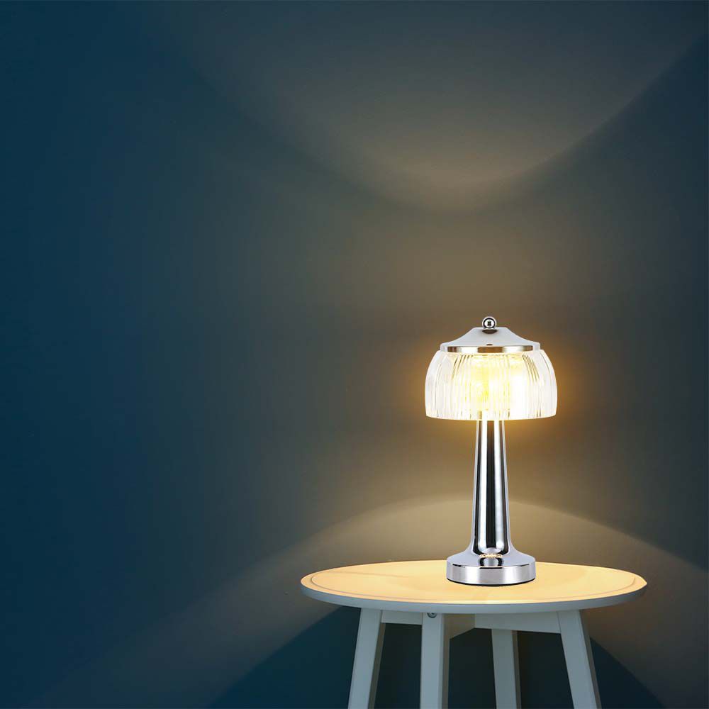 Lampka nocna LED zasilana bateryjnie / Wysokość:26,5cm / Bateria 1800mAh / Ściemnianie przez dotyk / Barwa:3w1 / Obudowa: Chrom