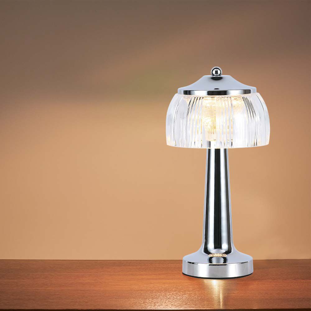 Lampka nocna LED zasilana bateryjnie / Wysokość:26,5cm / Bateria 1800mAh / Ściemnianie przez dotyk / Barwa:3w1 / Obudowa: Chrom