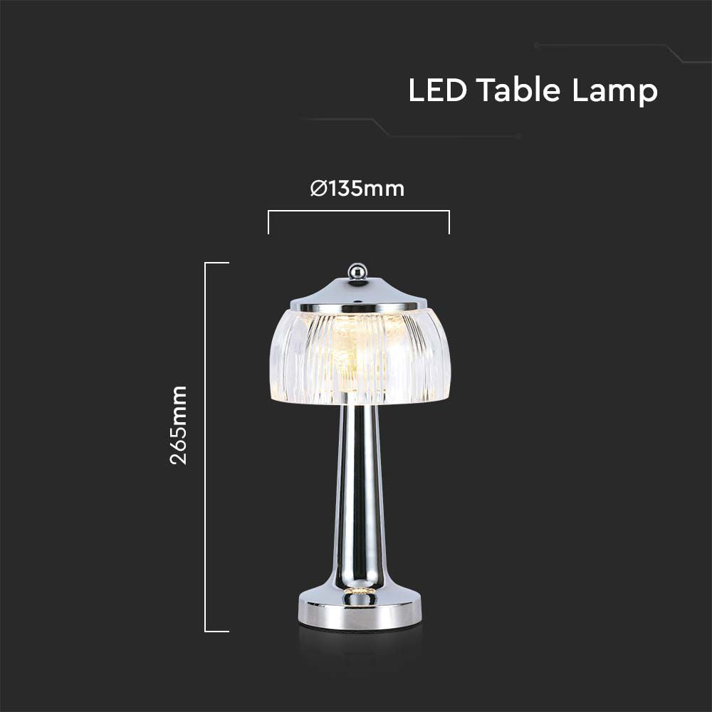 Lampka nocna LED zasilana bateryjnie / Wysokość:26,5cm / Bateria 1800mAh / Ściemnianie przez dotyk / Barwa:3w1 / Obudowa: Chrom