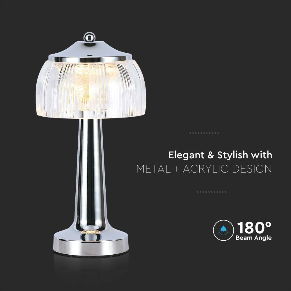 Lampka nocna LED zasilana bateryjnie / Wysokość:26,5cm / Bateria 1800mAh / Ściemnianie przez dotyk / Barwa:3w1 / Obudowa: Chrom