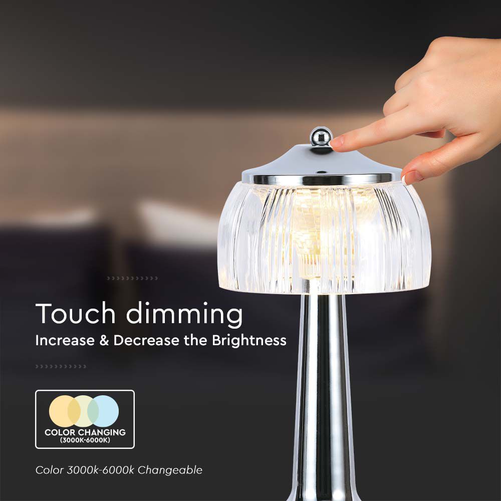 Lampka nocna LED zasilana bateryjnie / Wysokość:26,5cm / Bateria 1800mAh / Ściemnianie przez dotyk / Barwa:3w1 / Obudowa: Chrom