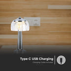 Lampka nocna LED zasilana bateryjnie / Wysokość:26,5cm / Bateria 1800mAh / Ściemnianie przez dotyk / Barwa:3w1 / Obudowa: Chrom