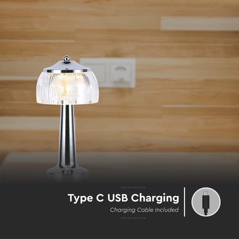 Lampka nocna LED zasilana bateryjnie / Wysokość:26,5cm / Bateria 1800mAh / Ściemnianie przez dotyk / Barwa:3w1 / Obudowa: Chrom