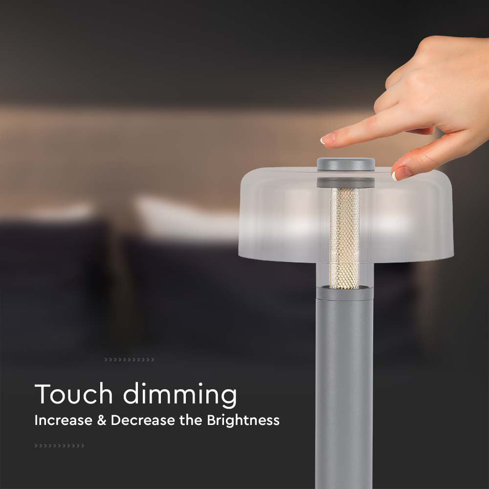 Lampka nocna LED zasilana bateryjnie / Wysokość:30cm / Bateria 1800mAh / Ściemnianie przez dotyk / Barwa:3000k / Obudowa: Szara