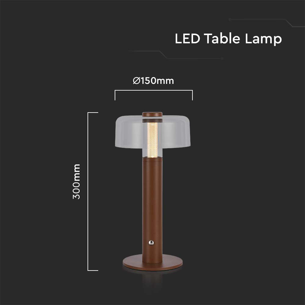 Lampka nocna LED zasilana bateryjnie / Wysokość:30cm / Bateria 1800mAh / Ściemnianie przez dotyk / Barwa:3000k / Obudowa: Brązowa
