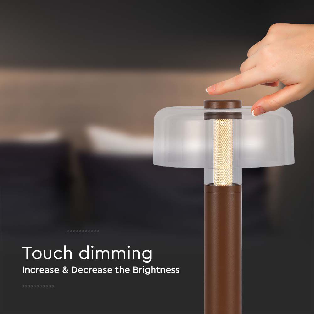 Lampka nocna LED zasilana bateryjnie / Wysokość:30cm / Bateria 1800mAh / Ściemnianie przez dotyk / Barwa:3000k / Obudowa: Brązowa