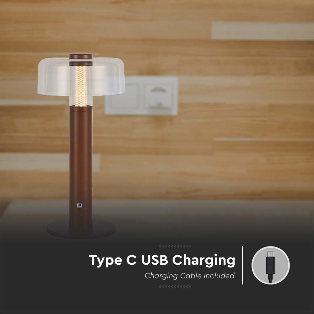 Lampka nocna LED zasilana bateryjnie / Wysokość:30cm / Bateria 1800mAh / Ściemnianie przez dotyk / Barwa:3000k / Obudowa: Brązowa