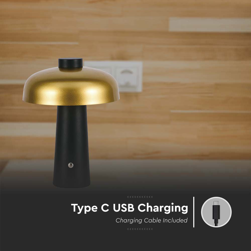 Lampka nocna LED zasilana bateryjnie / Wysokość:24cm / Bateria 1800mAh / Ściemnianie przez dotyk / Barwa:3w1 / Obudowa: Czarna + złoty