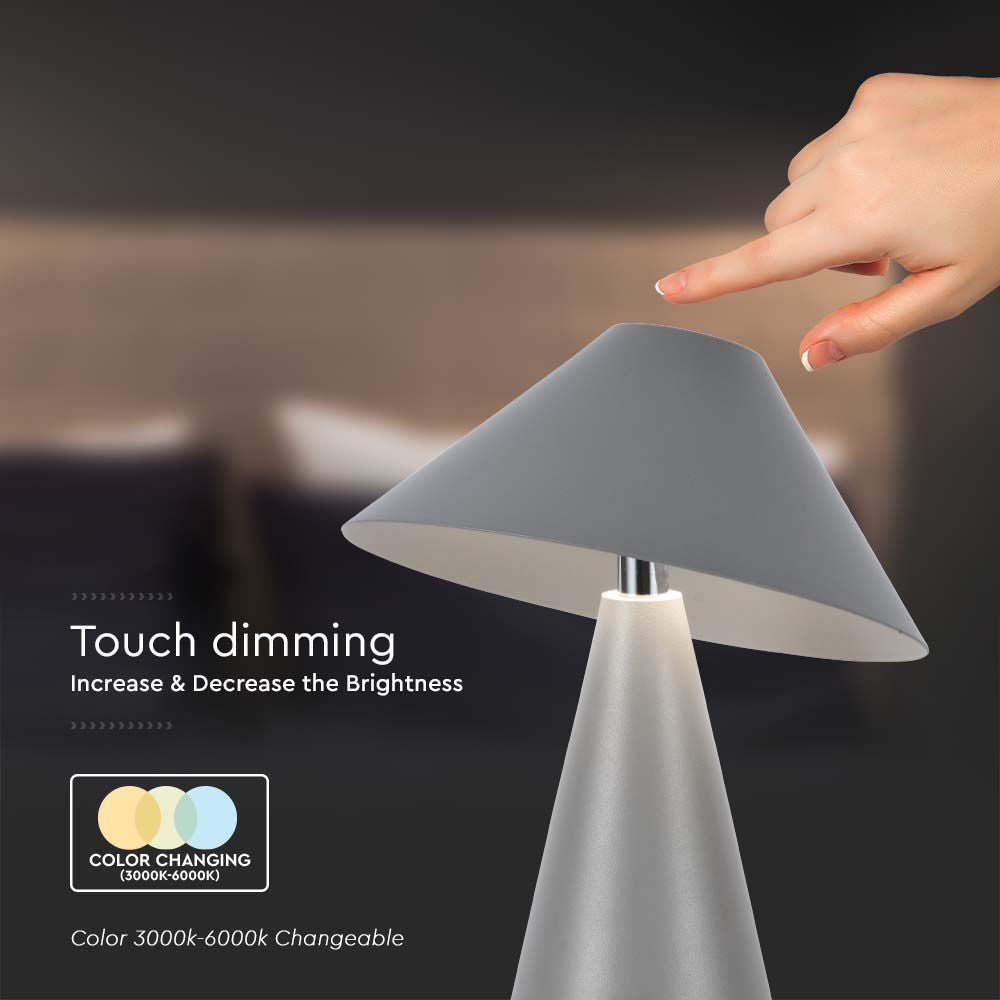 Lampka nocna LED zasilana bateryjnie / Wysokość:24cm / Bateria 1800mAh / Ściemnianie przez dotyk / Barwa:3w1 / Obudowa: Szara