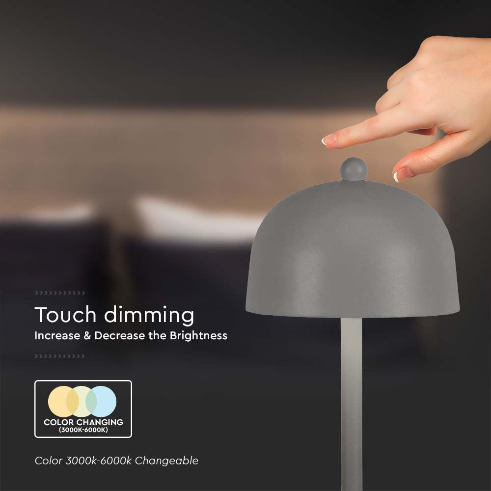 Lampka nocna LED zasilana bateryjnie / Wysokość:30cm / Bateria 1800mAh / Ściemnianie przez dotyk / Barwa:3w1 / Obudowa: Szara
