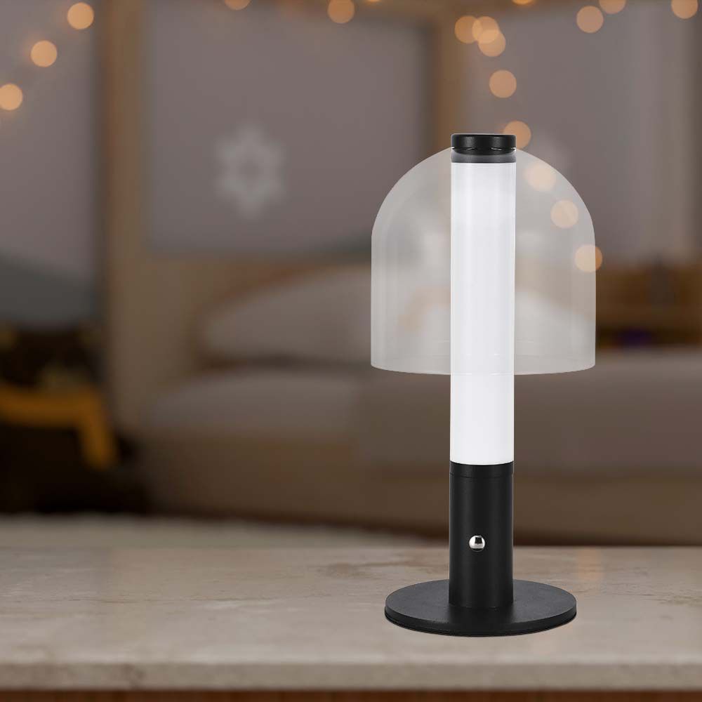 Lampka nocna LED zasilana bateryjnie / Wysokość:30cm / Bateria 1800mAh / Ściemnianie przez dotyk / Barwa:3w1 / Obudowa: Czarna + transparenty