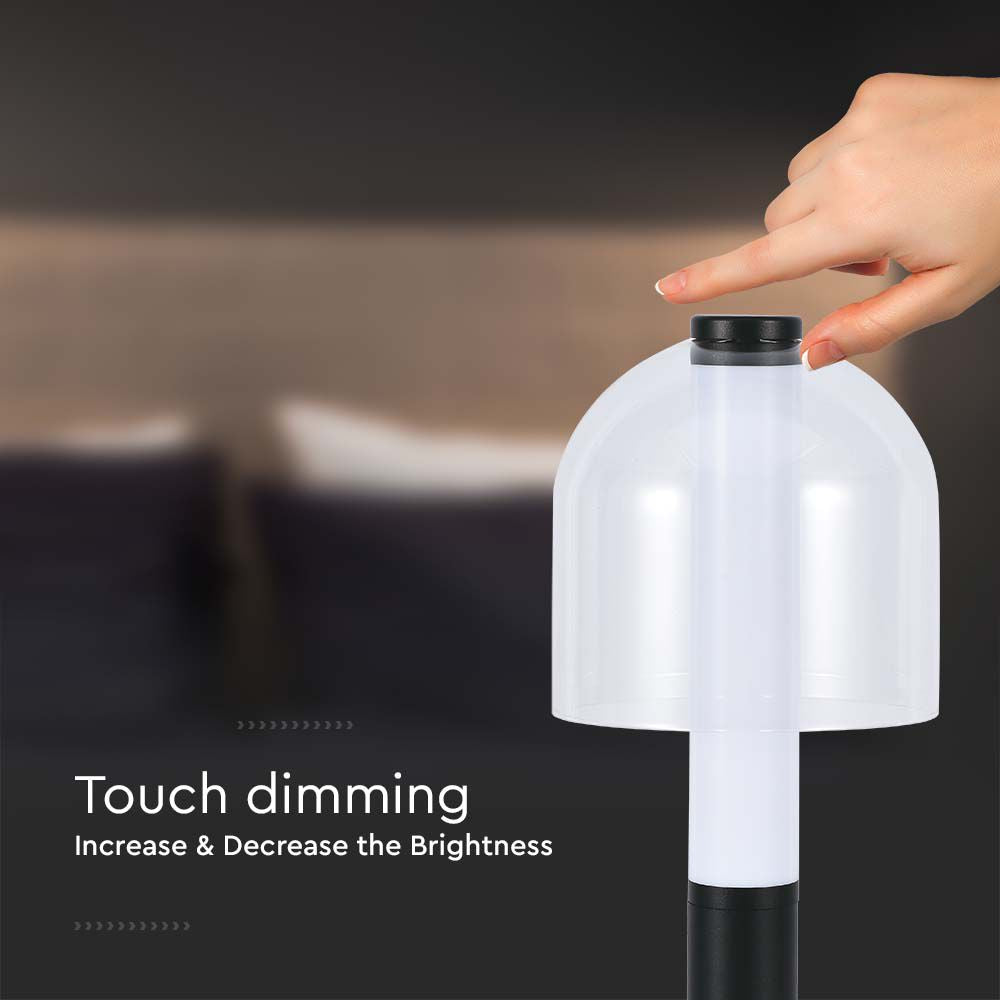 Lampka nocna LED zasilana bateryjnie / Wysokość:30cm / Bateria 1800mAh / Ściemnianie przez dotyk / Barwa:3w1 / Obudowa: Czarna + transparenty