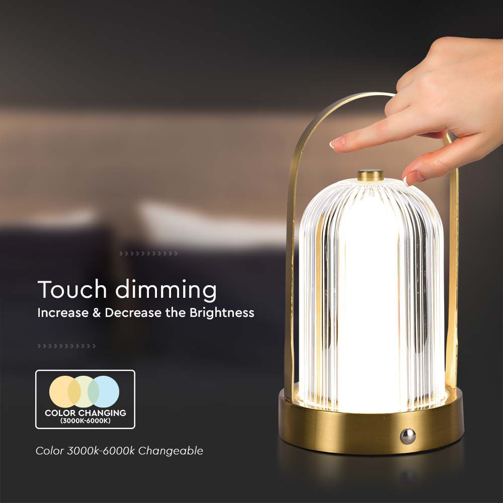Lampka nocna LED zasilana bateryjnie / Wysokość:19cm / Bateria 1800mAh / Ściemnianie przez dotyk / Barwa:3w1 / Obudowa: Szampańskie złoto