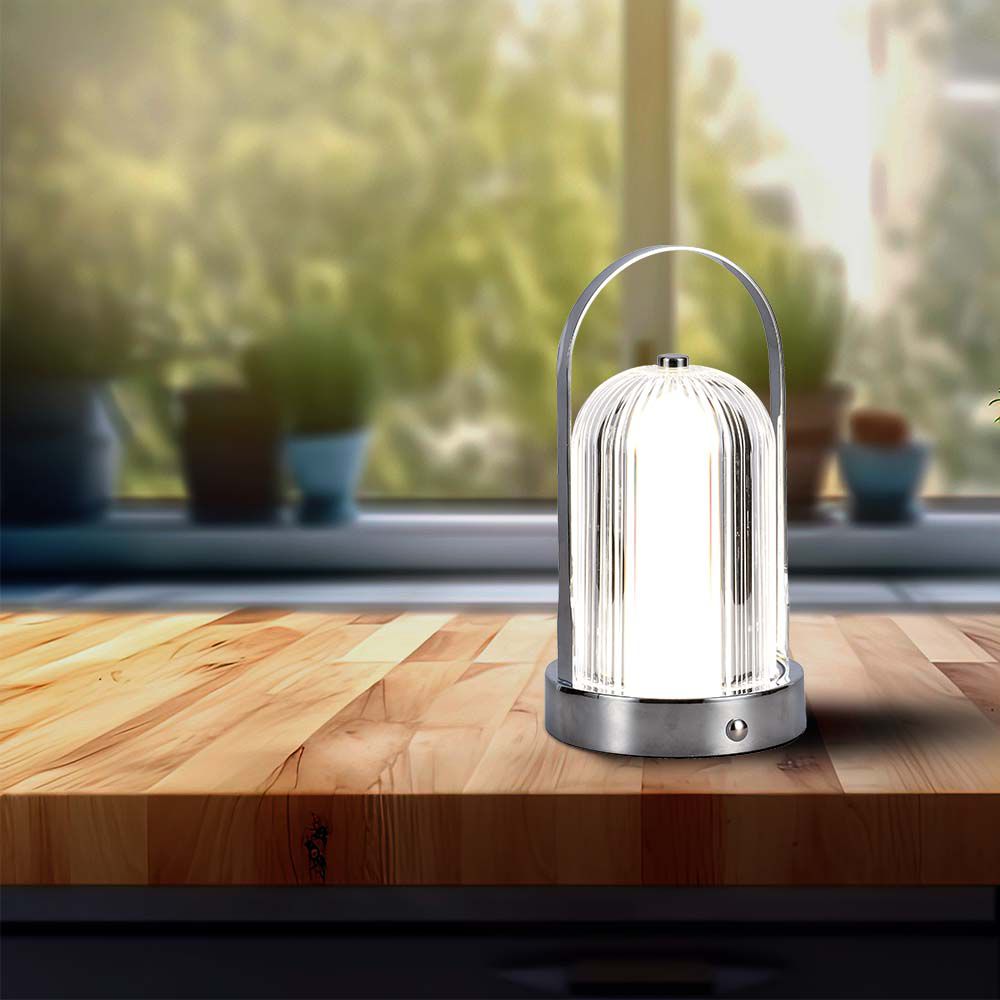 Lampka nocna LED zasilana bateryjnie / Wysokość:19cm / Bateria 1800mAh / Ściemnianie przez dotyk / Barwa:3w1 / Obudowa: Chrom