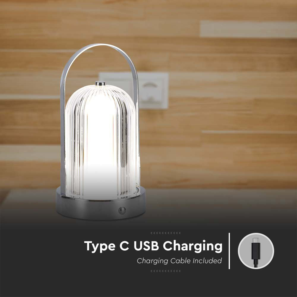 Lampka nocna LED zasilana bateryjnie / Wysokość:19cm / Bateria 1800mAh / Ściemnianie przez dotyk / Barwa:3w1 / Obudowa: Chrom