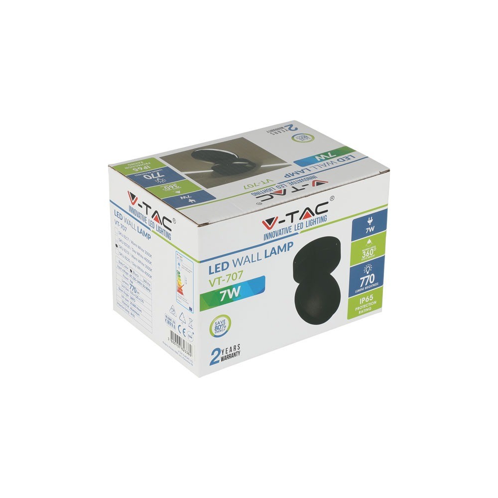 7W Lampa ścienna LED / Barwa:3000K / IP65 / Obudowa: Czarna
