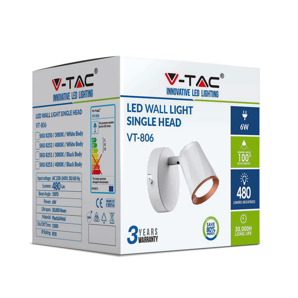 6W Kinkiet LED / Barwa: 4000K / Biały - Pierścień miedź