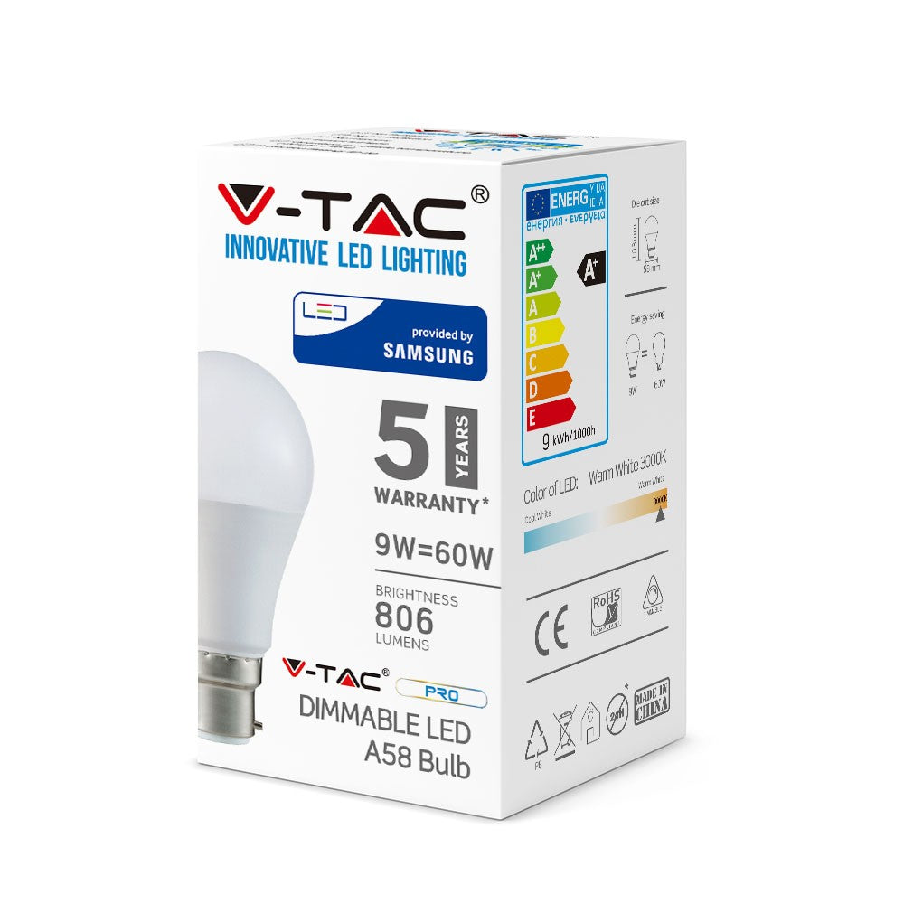 9W A60 Żarówka LED / Chip SAMSUNG / Barwa:3000K / Ściemniana / Trzonek:B22