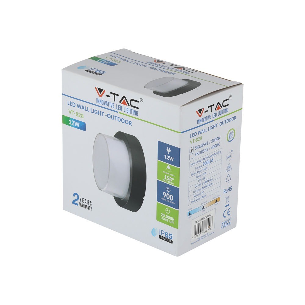 12W Lampa ścienna LED / Barwa:3000K / Czarny / Okrągła