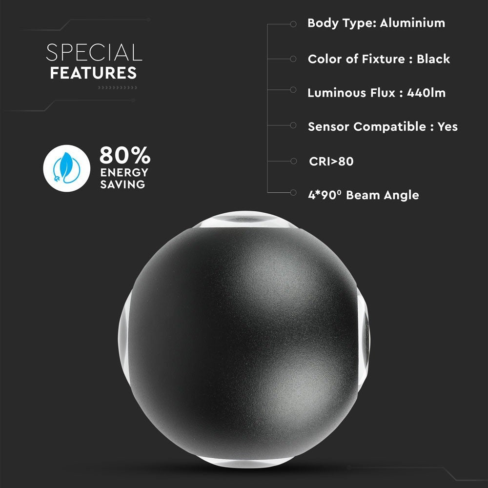 4W Lampa ścienna LED / Kula / Barwa:3000K / IP65 / Obudowa: Czarna
